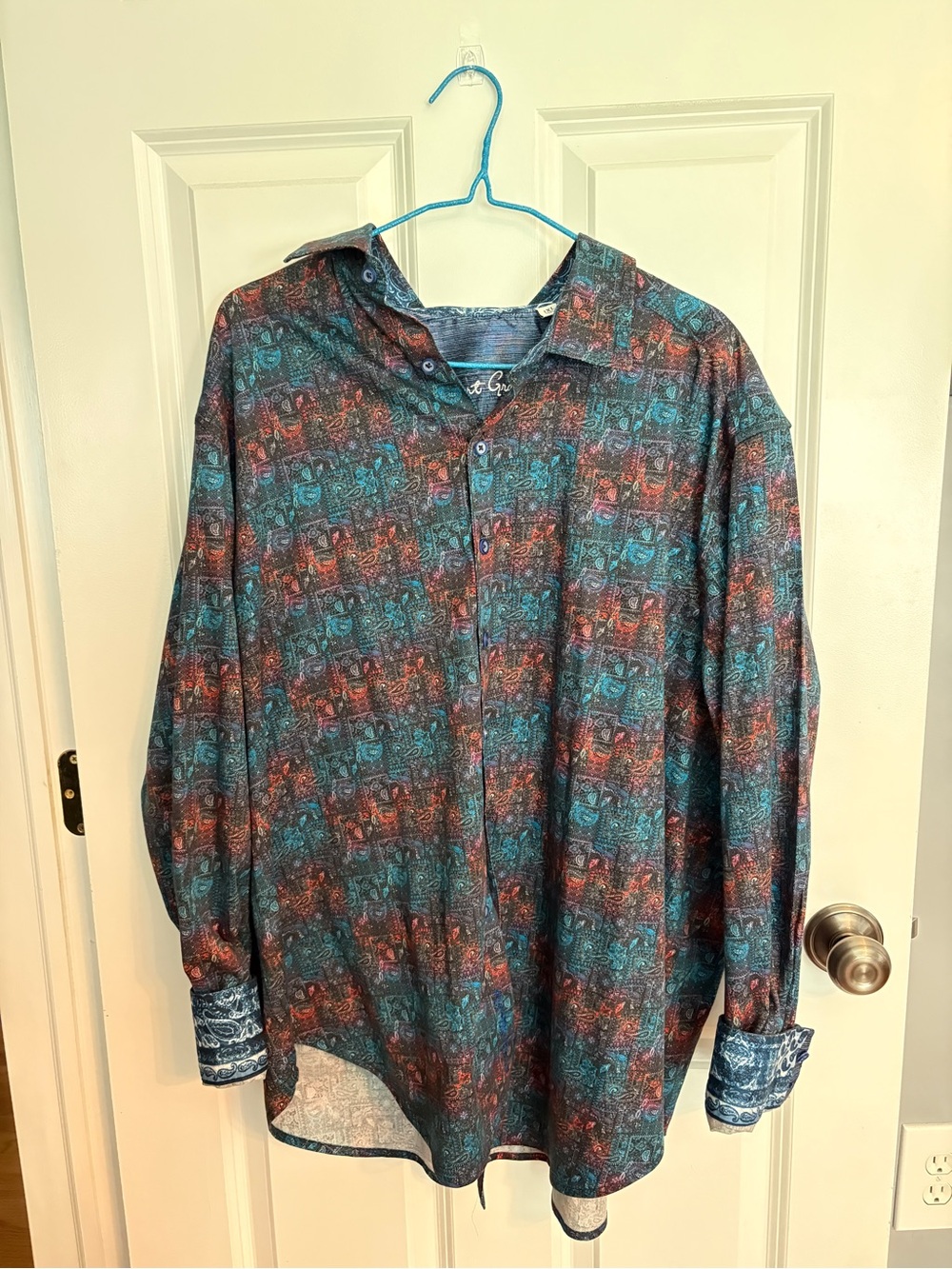 Robert Graham Men's Long-Sleeve Printed Button-Up — Teal & Rust
